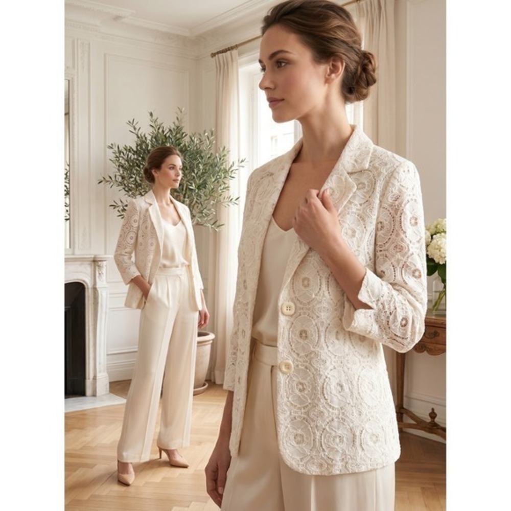NorthStyle Cream Floral Lace Blazer Jacket Cotton Blend Ivory Vintage Size M